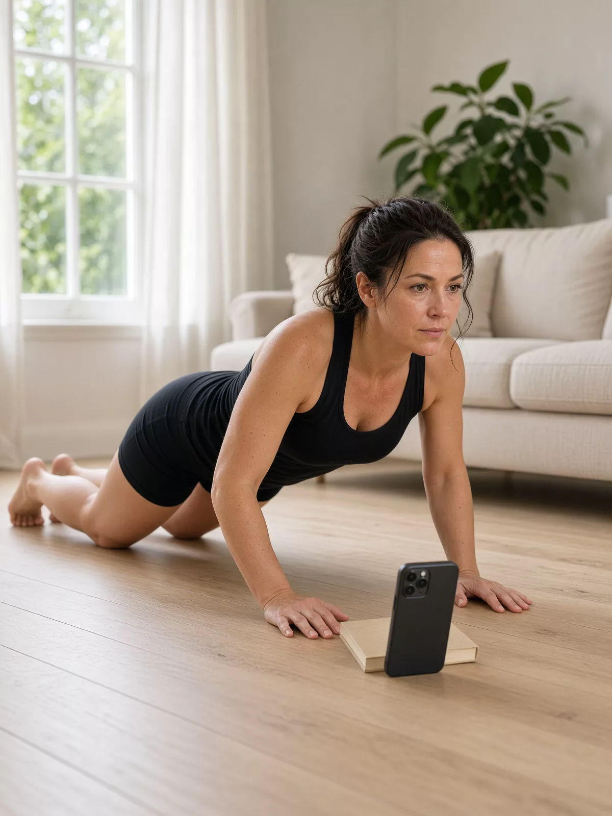 A knee push-up on a living-room floor, phone propped against a book.