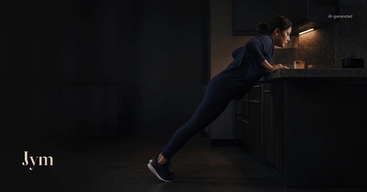 AI-generated image: a woman does an incline push-up with her hands on a kitchen counter, body angled in a straight line.