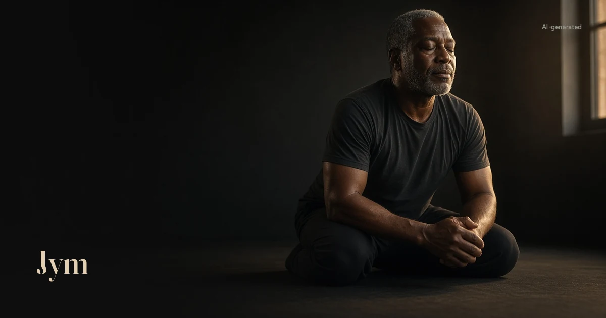 AI-generated image: a grey-haired man sits on the floor with his eyes closed, resting after a set, in soft morning window light.