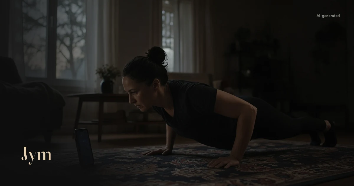 AI-generated image: a woman does a push-up on a patterned rug in her living room at dawn, a phone propped up on the rug in front of her.