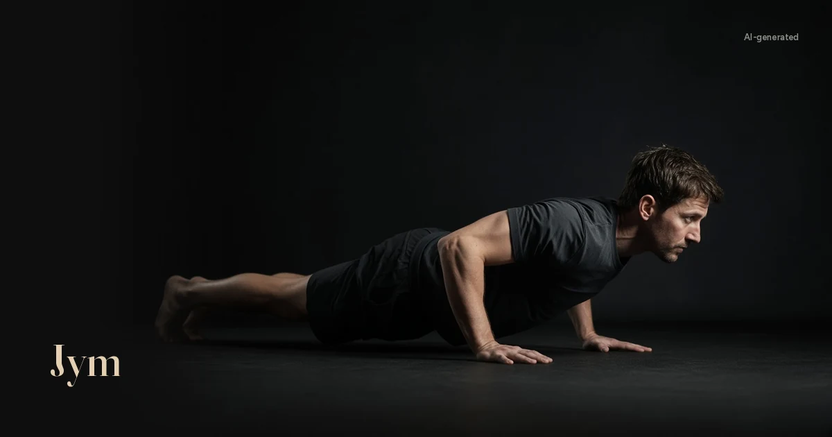 AI-generated image: side view of a man in push-up position on a dark floor, elbows bent, looking ahead.